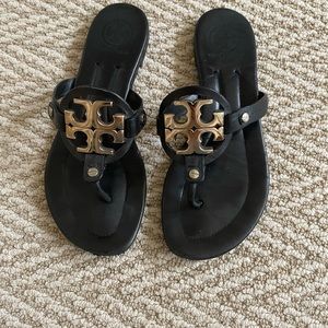 Tory Burch black and gold leather sandals